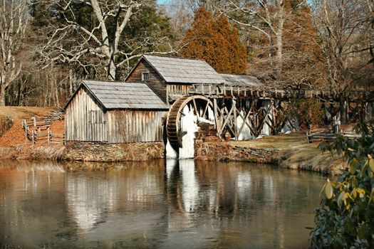 Mabrys Mill along the Blue Ridge Parkway in Virginia during winter.