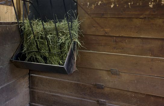 metal hay feeder in a corner of horse stall, wooden walls