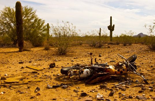 Broken down motorcycle in Arizona desert