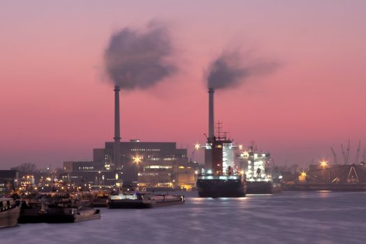 Rotterdam harbor in the Netherlands at twilight