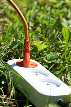 Plug stuck into adapter on a green grass