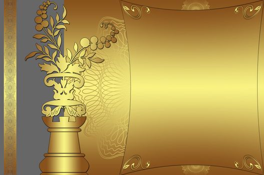 Golden background with decorative elements and golden frame for your design