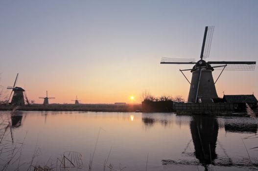 Windmills in wintertime at Kinderdijk in the Netherlands