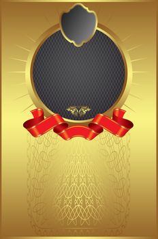 Golden background with red ribbon and golden frame for design
