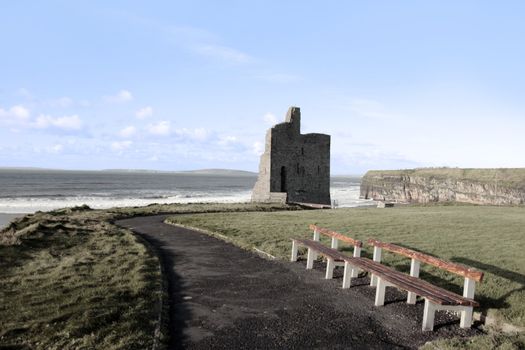 benches beside a castle in ballybunion county kerry ireland