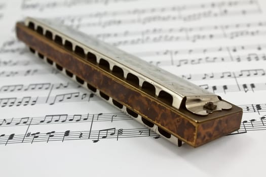 A harmonica on music sheets background
