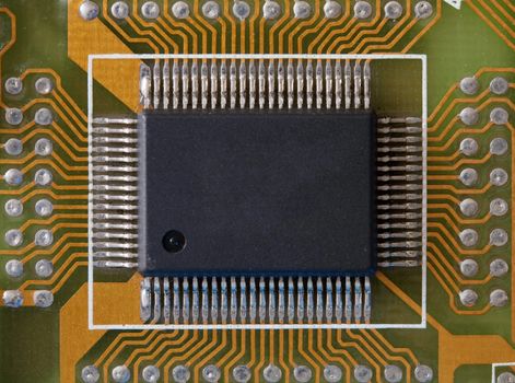 Microphoto of an integrated microcircuit of black colour