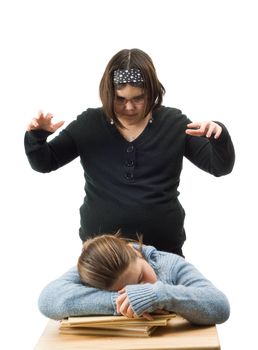 A young girl about to scare her friend, isolated against a white background
