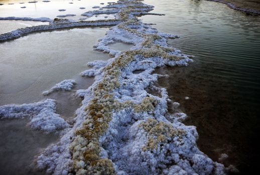 The water of the dead sea with salty paths at sunset