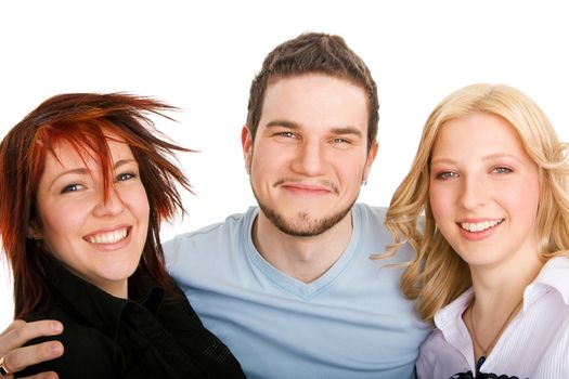 Happy three friends on isolated white background