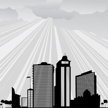 Background illustration with city and clouds in gray tones