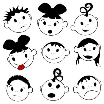 Children expressions, stylized drawing over white