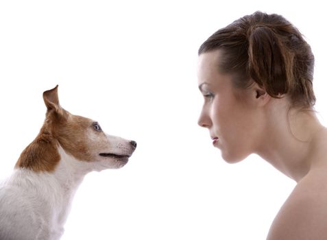 Girl and her dog looking at eachother