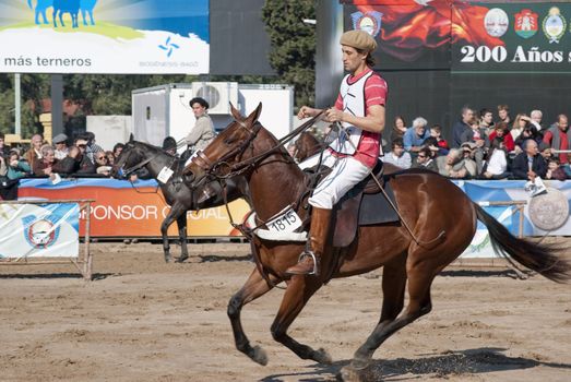 Argentina, Buenos Aires, July 27, 2010: One of the riders showed their skills in horse race classification in the Argentine Polo 124th exhibition of livestock rural Argentina in the track of the Sociedad Rural Argentina.