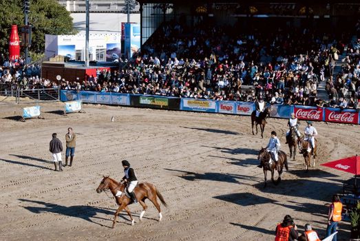 Argentina, Buenos Aires, July 27, 2010: Participants put their horses to the jury and the public in the classification of race Polo Argentino in the 124 th exhibition Rural Livestock and Argentina on the track of the Sociedad Rural Argentina in Buenos Aires 