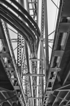 A black and white conversion of a view from under a bridge in Edmonton, Alberta, Canada.