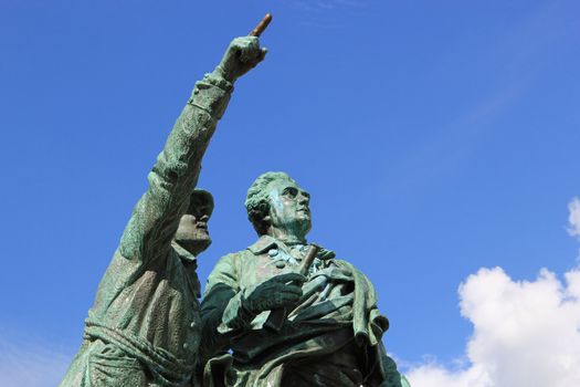 Statue of the guide Jacques Balmat showing the Mont-Blanc to Horace-Benedict De Saussure, Chamonix, France