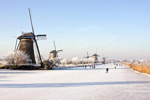 Windmills in wintertime at Kinderdijk in the Netherlands