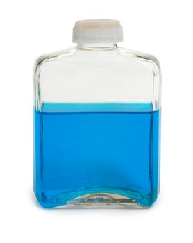 Glass bottle filled with a dark blue chemical solution