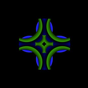 An abstract illustrated cross done in blues and greens on a black background.