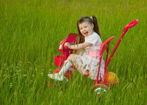 The cheerful little girl goes on a bicycle on a grass