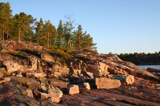 summer sunrise with forest, water and rocks

