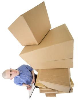 Man and pile cardboard boxes on white