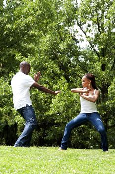 Beautiful happy fun young African American couple, together exercising martial arts in a park.