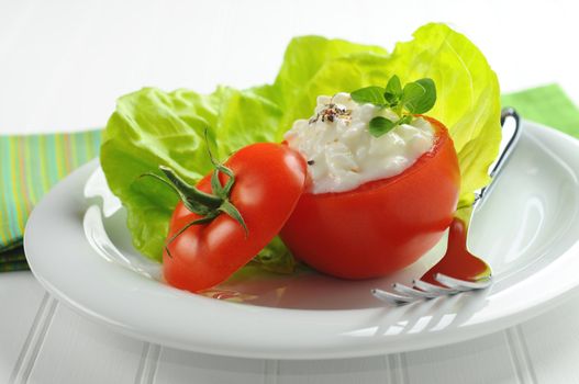 Tomato salad with lettuce and cottage cheese.