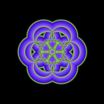 A blue and green mandala shaped abstract illustration on a black background.