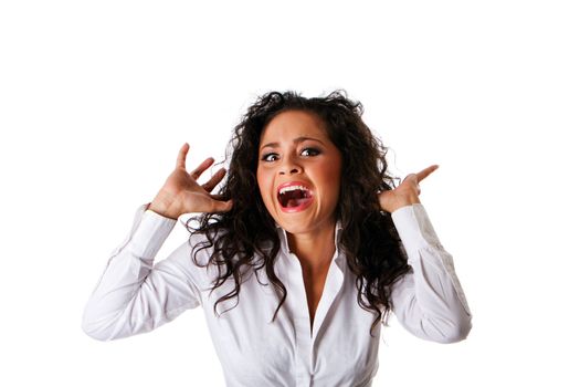 Afraid scared beautiful Caucasian Hispanic Latina young business woman with brown curley hair. Cute tanned brunette, ethnic girl in white shirt, yelling and screaming of fear, isolated.