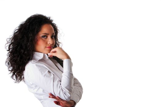 Beautiful Caucasian Hispanic Latina young business woman with brown curly hair. Cute tanned brunette, ethnic girl in white shirt, isolated.