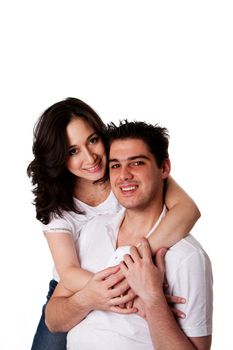 Cute happy Caucasian Hispanic couple, handsome man and beautiful woman together, isolated.