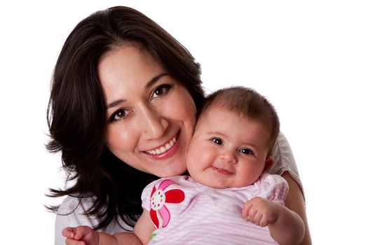 Happy smiling family, Caucasian Hispanic mother together with cute baby infant daughter, isolated.