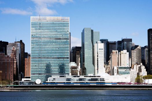 The buildings of the United Nations headquarters in Manhattan, New York City, on the waterside of the East River.