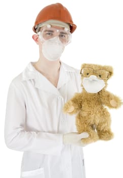 Scientist on the helmet with bear on a white background