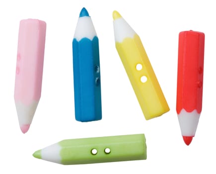 Multicolored plastic crayons button on white background