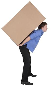Man holding very heavy brown cardboard box