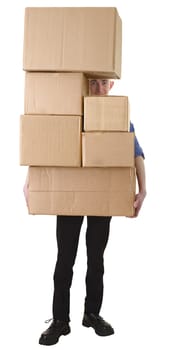 Man hold pile cardboard boxes on white