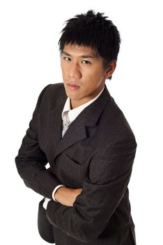Confident young businessman, closeup portrait of Asian man on white background.