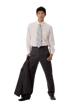 Handsome business man holding coat and standing, full length portrait isolated on white background.
