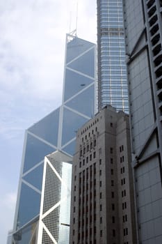 Modern skyscraper in Hongkong Central city center, high office buildings and banks.