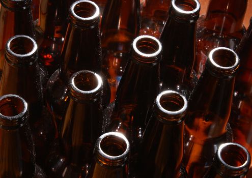 A macro shot of the tops of empty beer bottles.