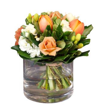 Bunch of Flowers in Glass Vase isolated with clipping path