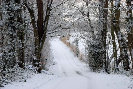 A snow cocered road in rural Kent february 2009