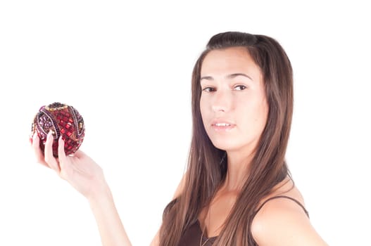 Studio shot of brunette woman with christmas decoration