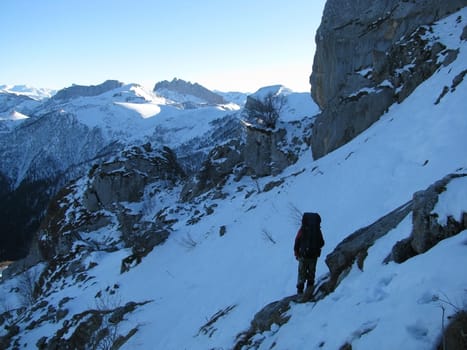 The main Caucasian ridge; rocks; a relief; a landscape; a hill; a panorama; high mountains; snow peaks