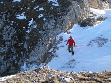 Descent; the man; the guy; rocks; a relief; a landscape; a hill; a panorama; mountains; caucasus; top