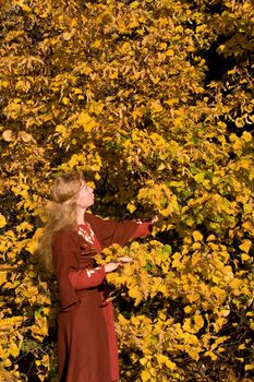 The blonde girl in medieval red dress in the autumn forest
