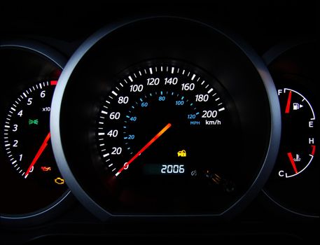 Close up of car dashboard gauges.